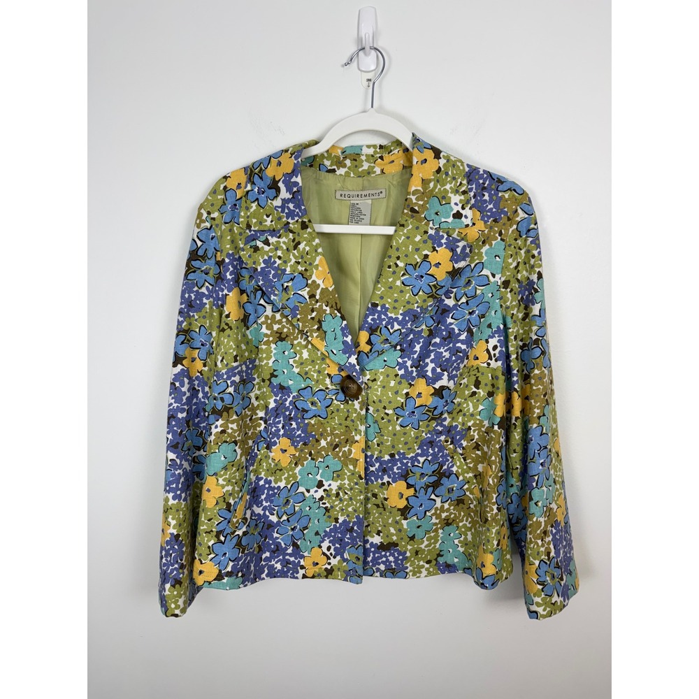 Requirements Floral Linen Blend Blazer Jacket Green Blue Yellow Women Medium